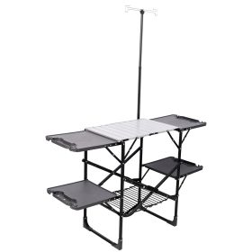 Folding Camping Kitchen Table with Lamp Post, Portable Outdoor Cooking Station with Heat Resistant Top, 4 Side Tables & Lower Storage Rack for Picnic, (Option: WithPost)